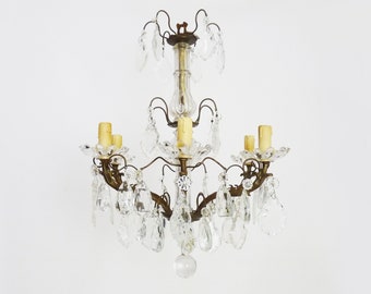 Old Marie-Thérèse chandelier, suspension, old light fixture with 6 branches, brass and glass