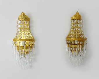 Pair of vintage 3-tier hot air balloon wall lights with glass tassels. 60s