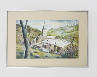 Original watercolor of Carani church in the mountains. Signed