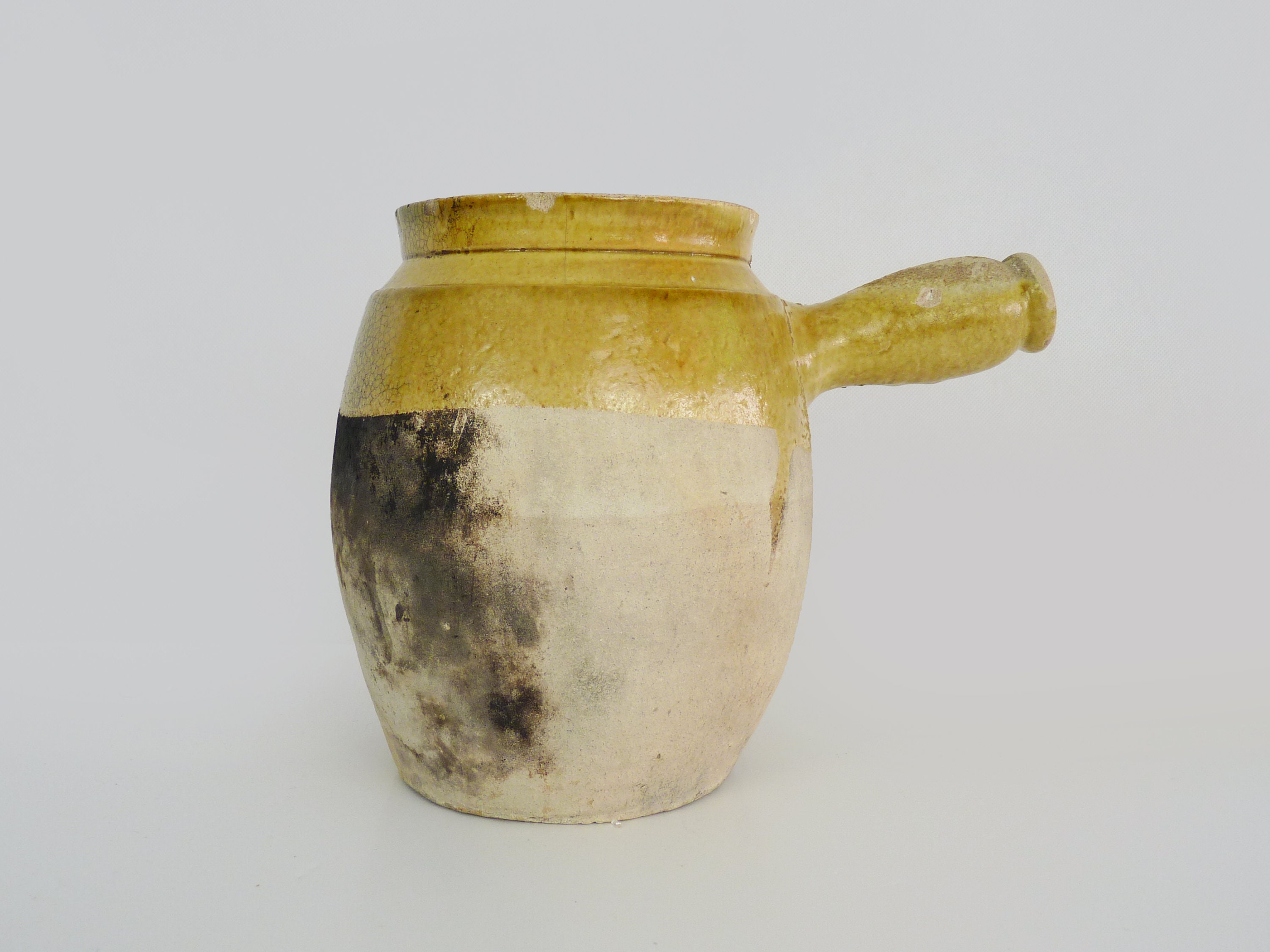 Ancien Pot à Confit en Terre Cuite Jaune Vernissée, Toupine Vernissée. Sud Est de La France