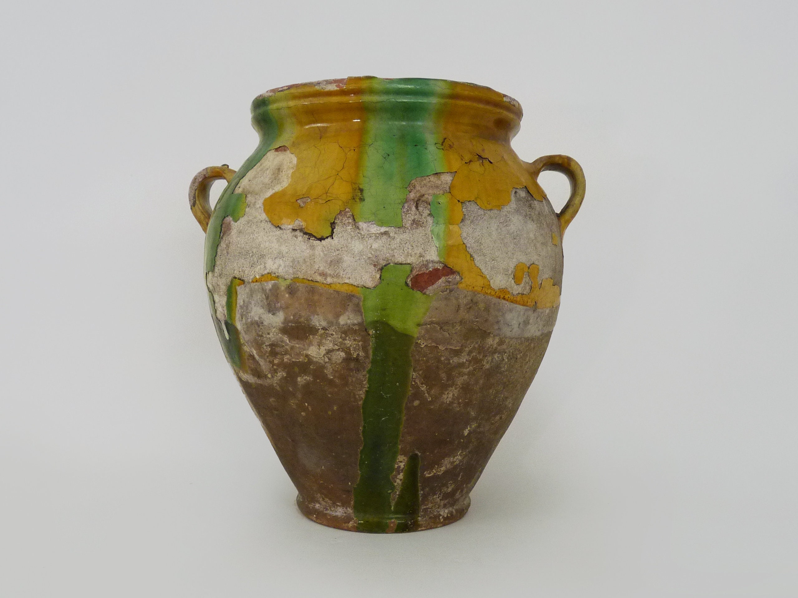 Magnifique Pot à Confit Jaune Vernissé et Vert, Sud Ouest de La France. Pot Conservation. Pyrénées X