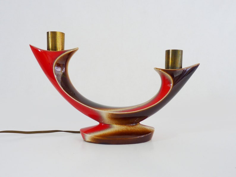 Vintage sculptural lamp Verceram art ceramic. Two-tone red lamp image 1