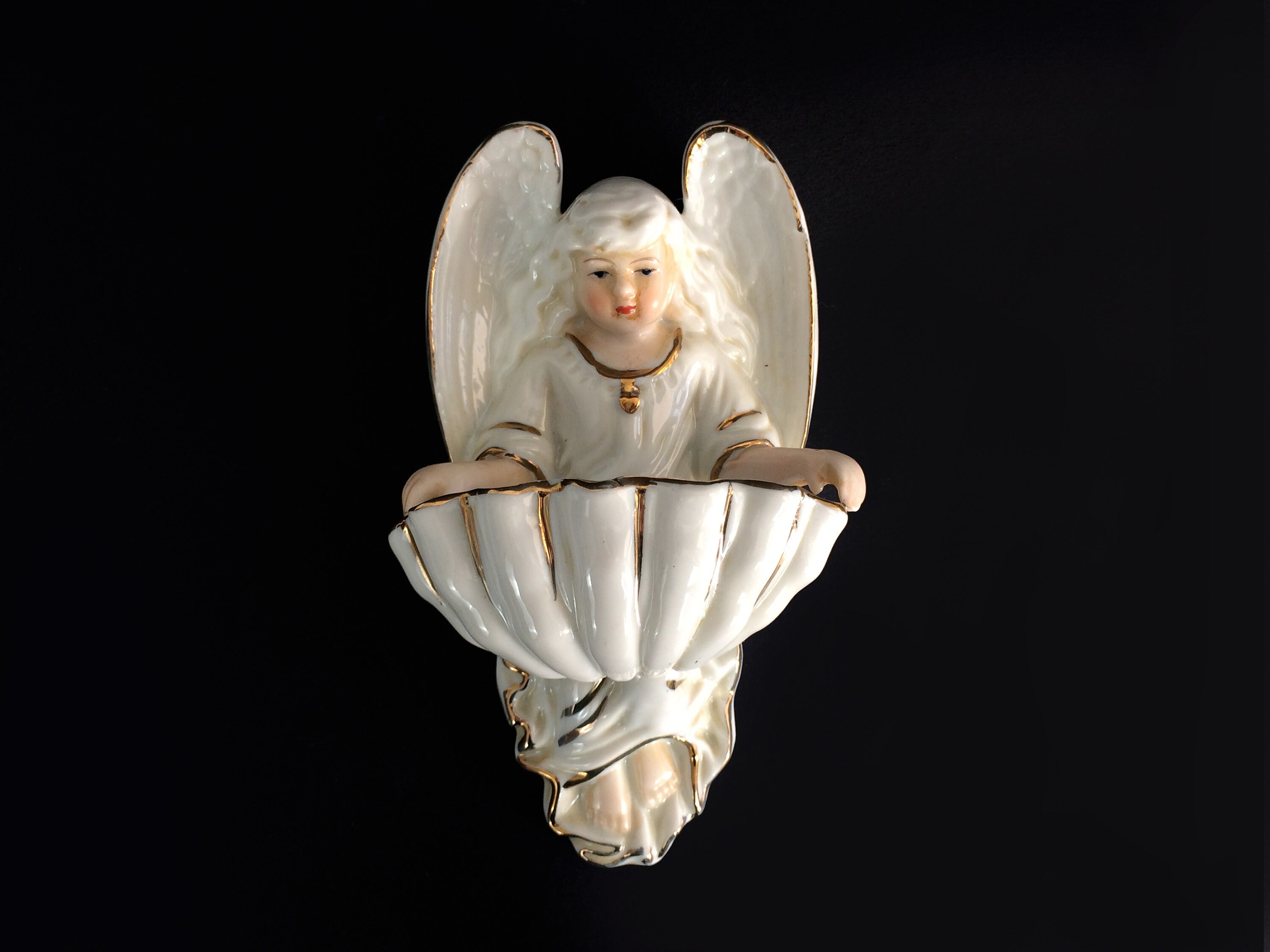 Bénitier Ange Vintage en Porcelaine Biscuit, Religieux.