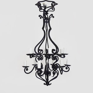 Large 12-light wrought iron entryway or living room chandelier. 1960s-1970s