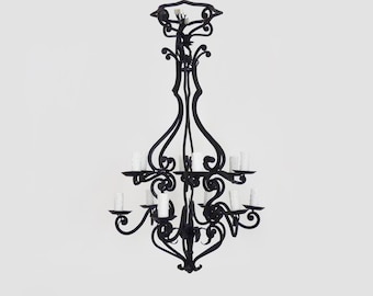 Large 12-light wrought iron entryway or living room chandelier. 1960s-1970s