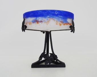 Art Nouveau Degué fruit bowl centerpiece in glass paste and wrought iron. 1920s