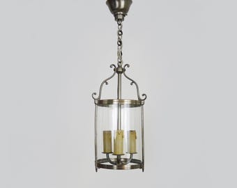 Very beautiful lantern pendant light in silver plated brass and glass in Louis XVI style. 60s 70s