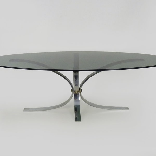 Grande table basse à plateaux ovale en verre fumé, pied en métal chromé