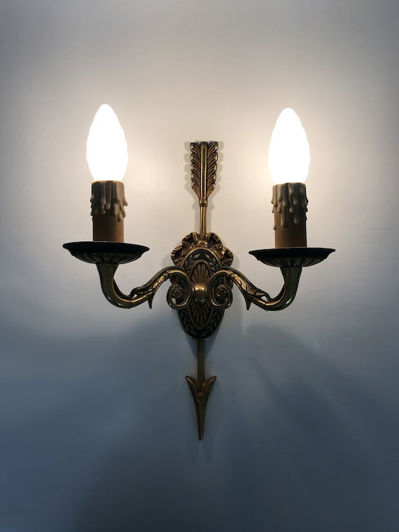 Grande Applique Murale Vintage Style Empire - 2 Feux, 3 Flèches, Bois Doré