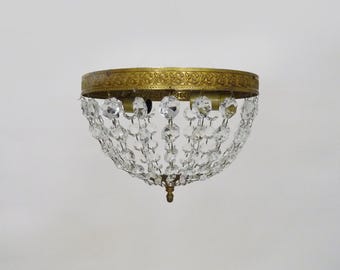 Antique two-light crown-shaped ceiling light with glass drop shades. Louis XVI style
