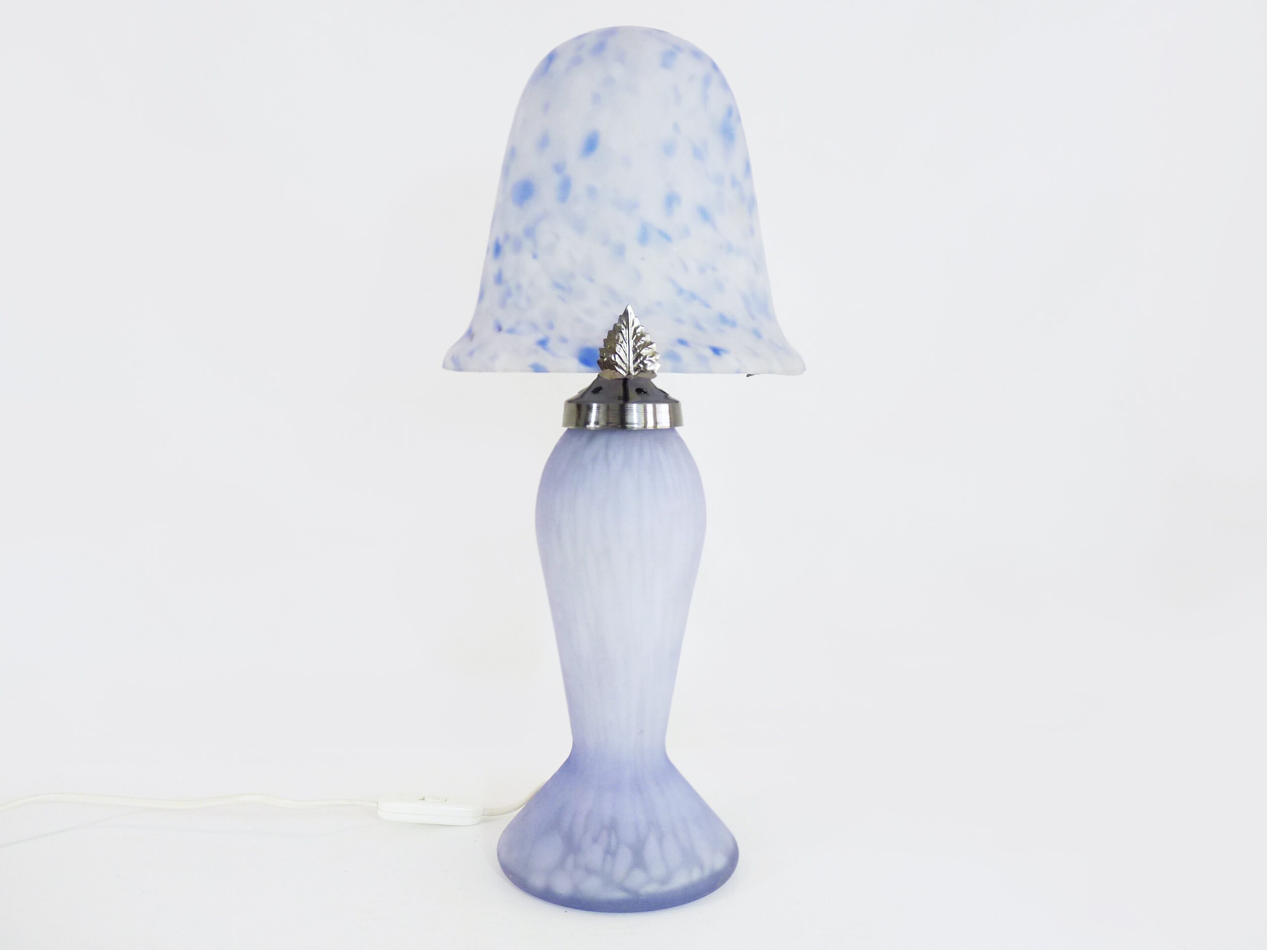 Lampe Champignon en Pâte de Verre Bleu Tacheté Blanche à 2 Feux, Style Art Déco, Gallé, La Rochère