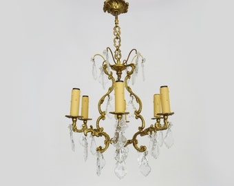 Magnificent cage chandelier in bronze and glass pendants, with 6 lights. Tassel chandelier