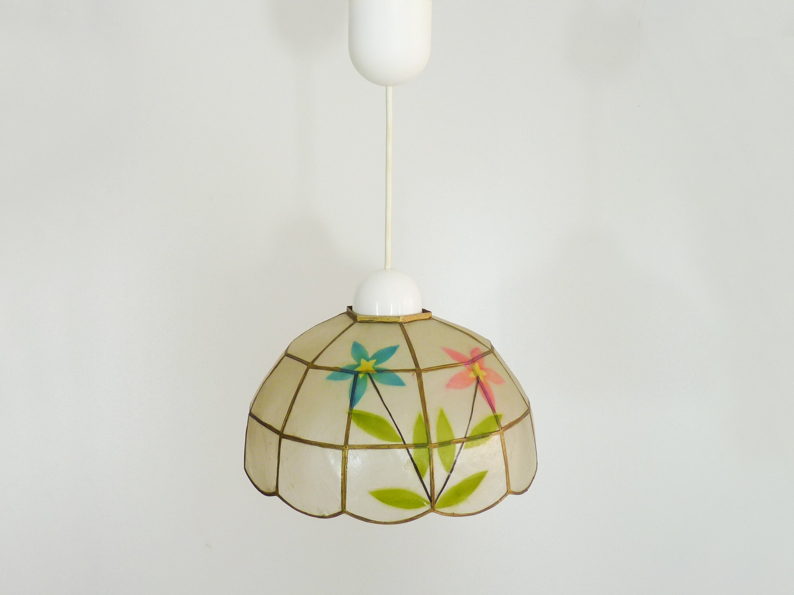 Suspension, Lustre en Nacre et Laiton, Vintage, Luminaire Ancien