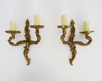 Old pair of double-light wall sconces, acanthus leaf.