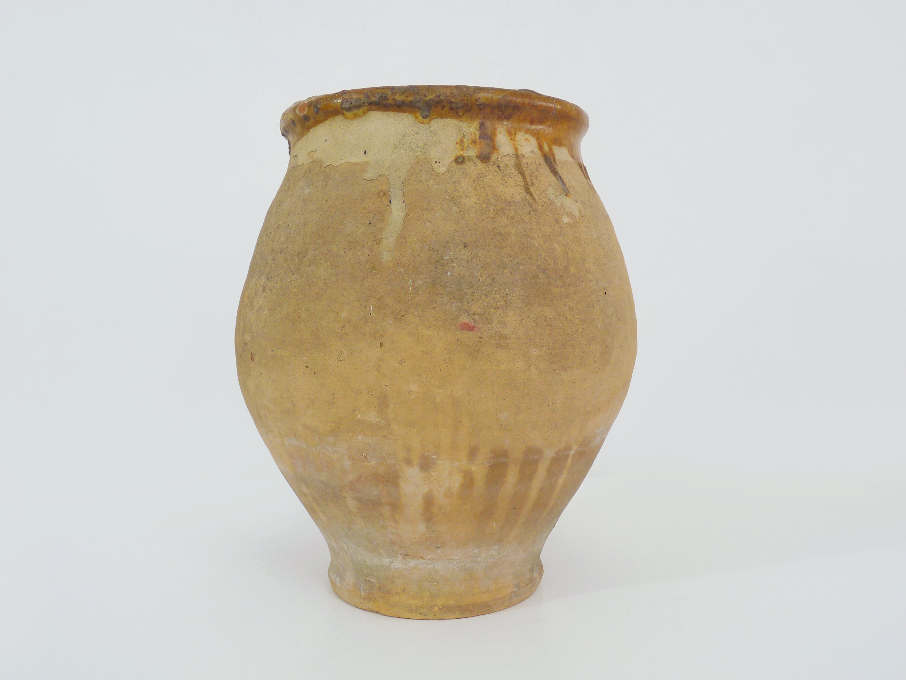 Magnifique Pot à Graisse en Terre Cuite Jaune Brun Vernissé, Sud Ouest de La France. Pot Conservatio