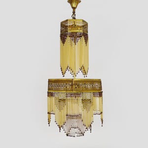 Kronleuchter im Jugendstil aus Bronze mit gelben und malvenfarbenen Anhängern, 11 Lichter. Hector Guimard-Stil. 60er Jahre