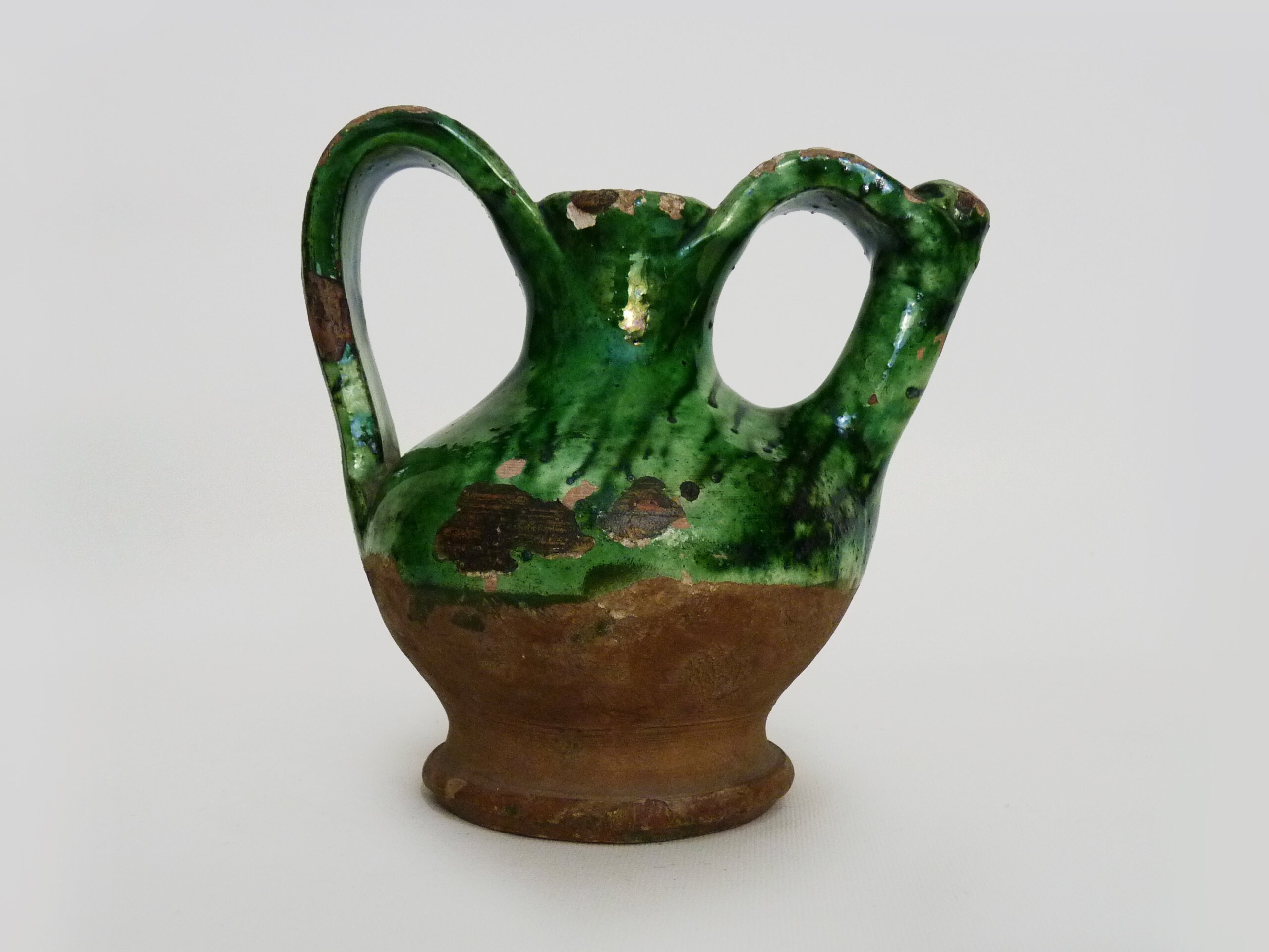 Rare Petite Gargoulette, Chevrette, Orjol Pichet à Eau Poterie en Terre Cuite Vernissé Vert, Sud Oue