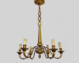 Old chandelier, suspension, light fixture with 6 bronze lights.