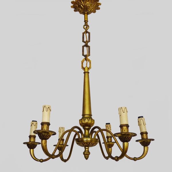 Ancien lustre, suspension, luminaire à 6 feux en bronze.