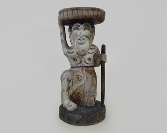 Bolster, plant holder, Chinese sculpture in polychrome carved wood. Early 20th century