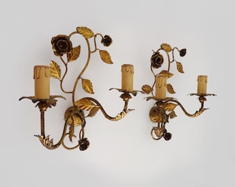 Pair of vintage wall sconces with gold-plated metal flowers and foliage from the 1960s