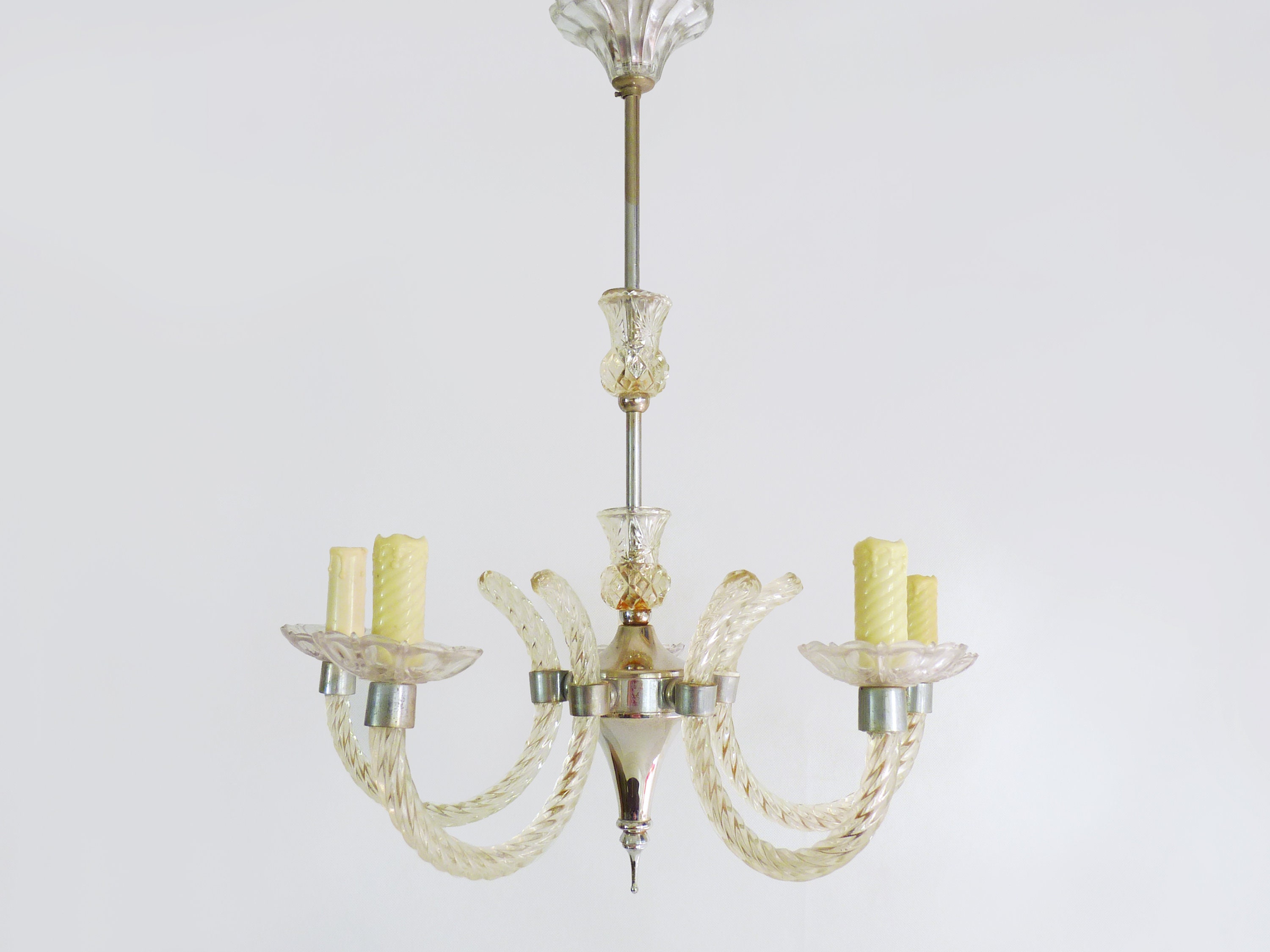 Lustre Vintage, Suspension, Luminaireen Verre à 5 Feux. Style Murano