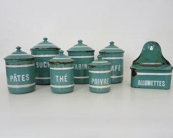 Enameled sheet metal spice jars, storage for spices and matches. 20s 30s