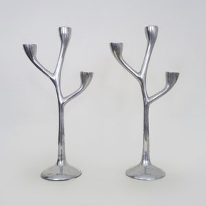 Peut inclure: Un ensemble de deux bougeoirs en métal argenté en forme de branches avec quatre coupelles à bougies sur chaque bougeoir.