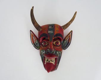 Mexican folk art old carved wooden devil devil mask with horn