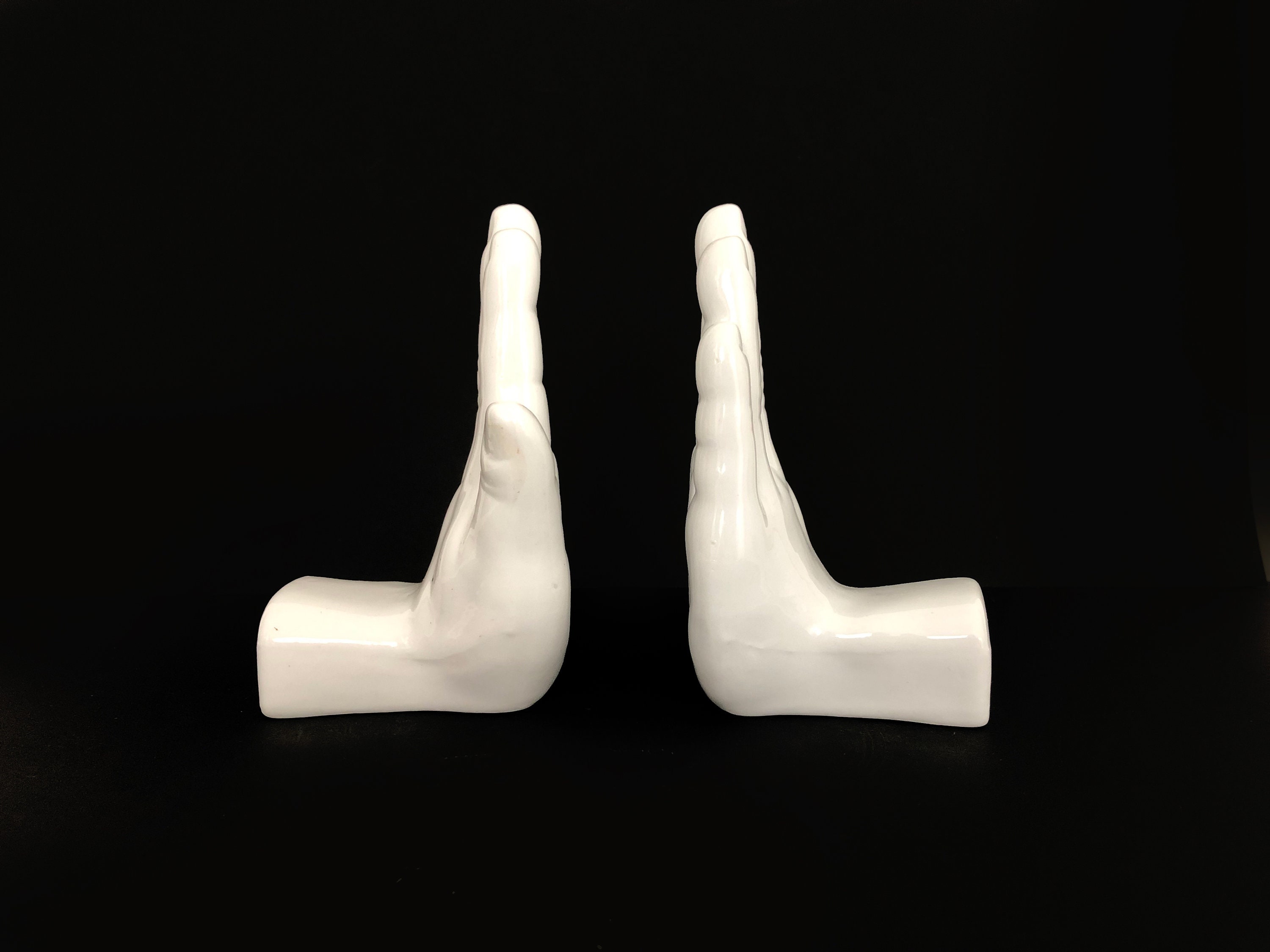 Paire de Serre-Livres Main Vintage en Céramique Blanche à Lester