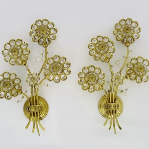Large pair of vintage Palwa crystal and brass flower wall lights with 4 lights