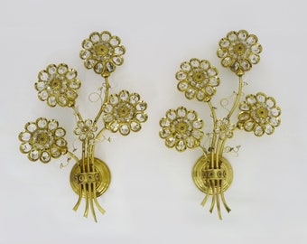 Large pair of vintage Palwa crystal and brass flower wall lights with 4 lights