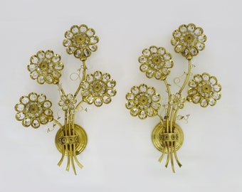 Gran par de apliques vintage de latón y cristal floral Palwa con 4 luces