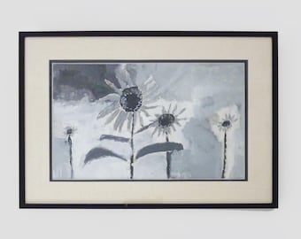 Framed painting decorated with gray flowers.