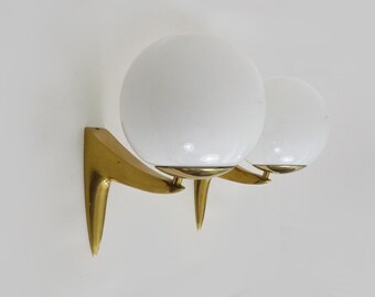 Large pair of designer brass and opaline glass wall sconces from the 1980s