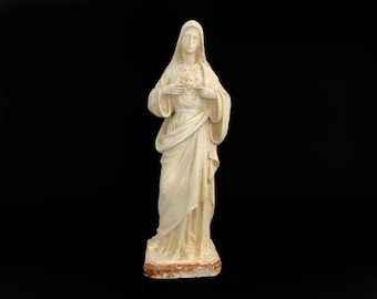 Statue vintage Vierge Marie Sacré coeur en plâtre. Signée Giscard Toulouse.