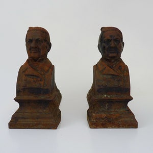 Pair of cast iron fireplace andirons portrait Adolphe Thiers (President France). France 19th century.