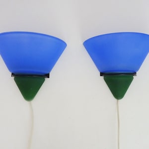 Pair of vintage Vandeheg Lotus blue and green wall sconces. Memphis Milano style