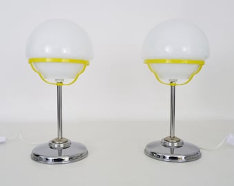 Pair of Space Age chrome metal globe opaline table lamps. 70s