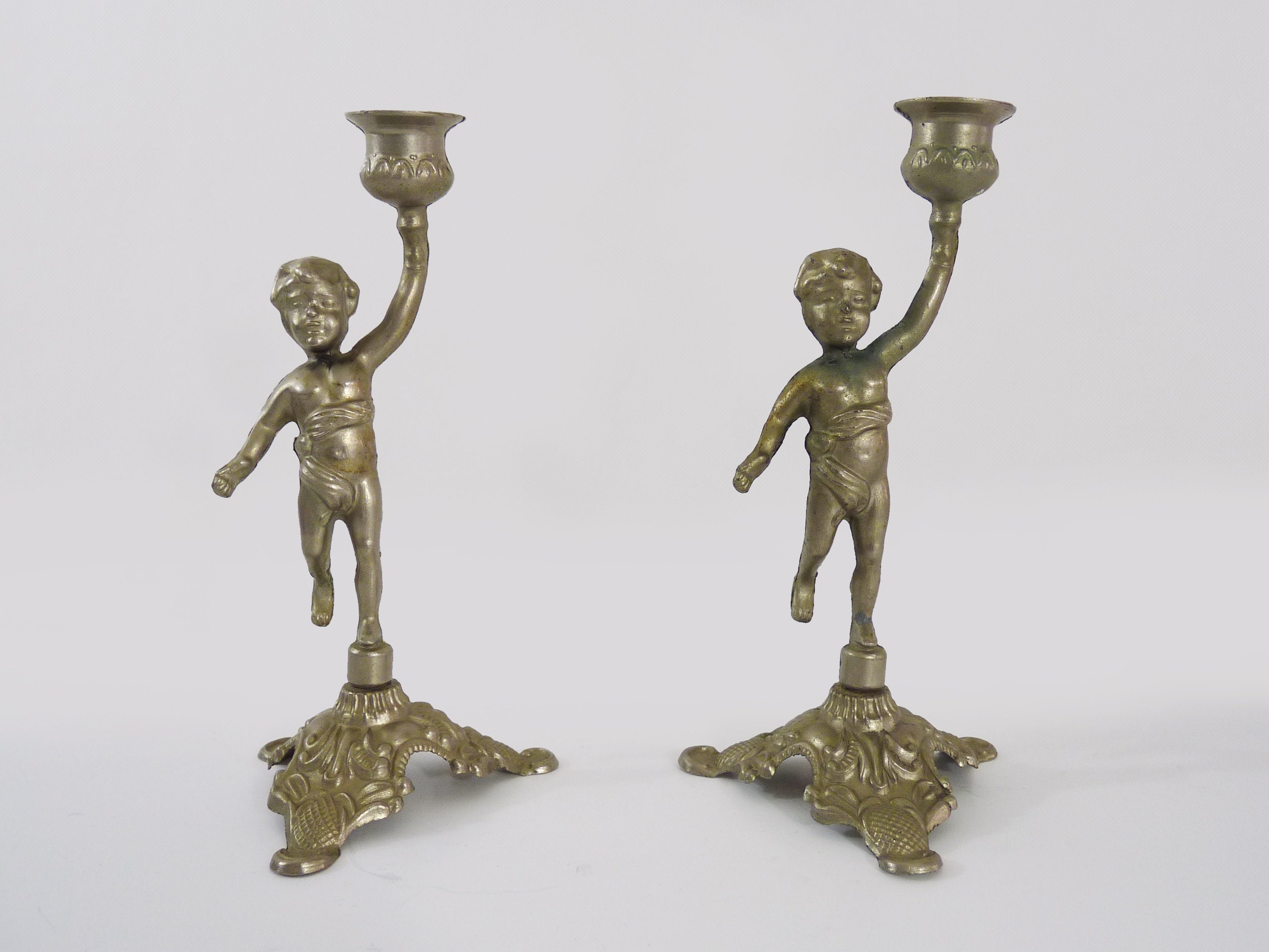 Paire de Bougeoirs Vintage Chérubins, Bambins, Argenté