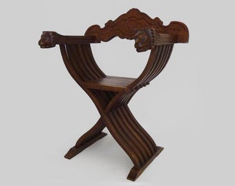 Vintage Savonarola Lion Head Chair in Wood, Italy, 1950s