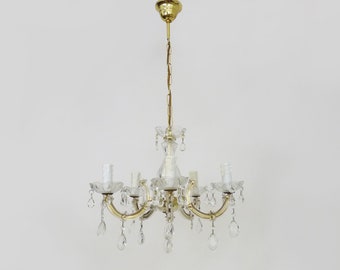 Alter Kronleuchter, Aufhängung, Marie-Thérèse-Leuchte mit 5 Leuchten mit Glasanhängern. Murano-Stil