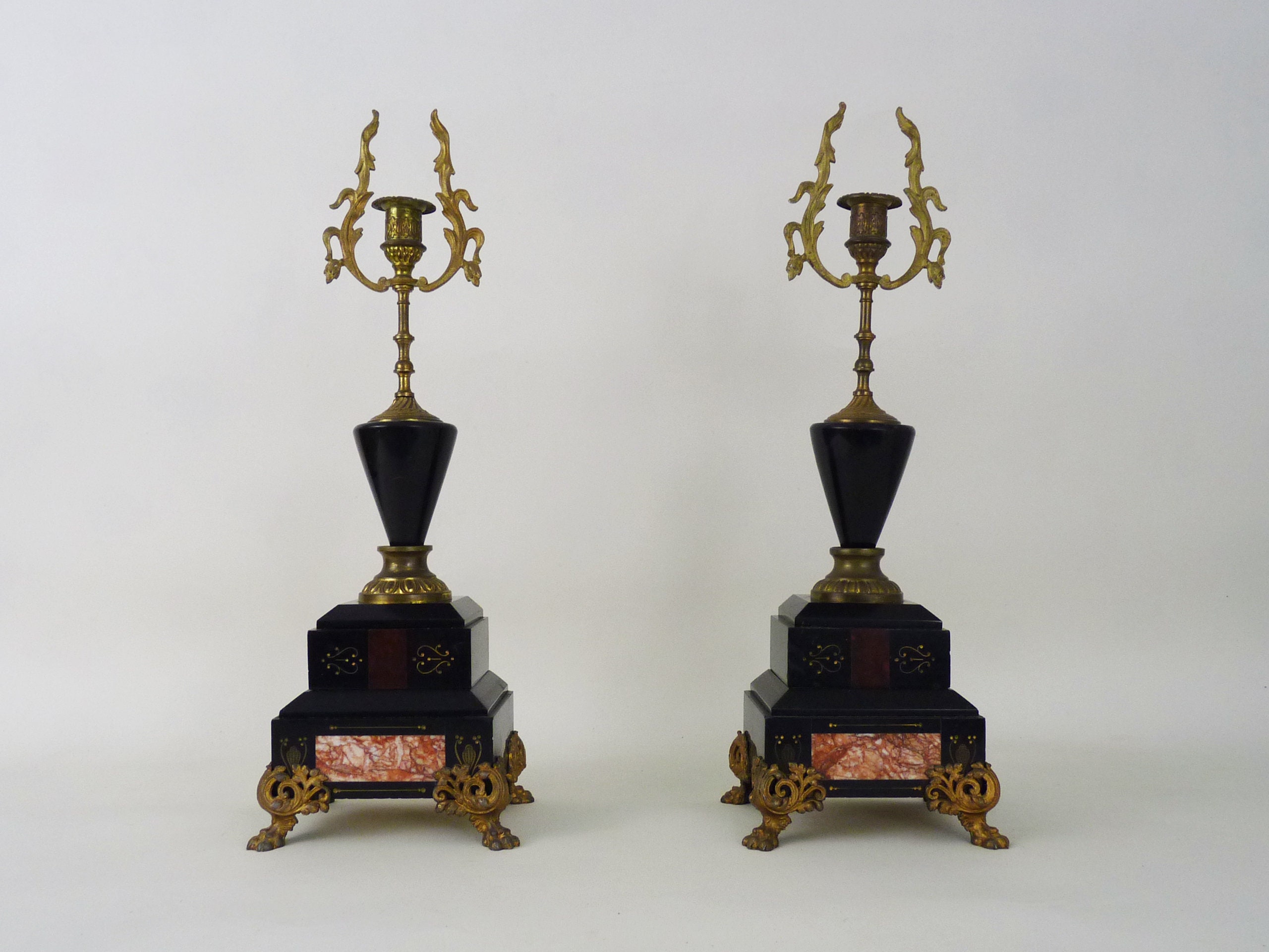 Paire de Bougeoirs Candélabres Bronze et Marbre Style Napoléon Iii