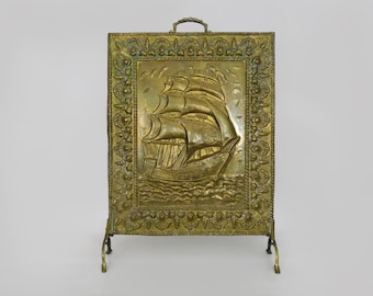 Antique Brass Fire Screen with Sailboat Design. 1960s