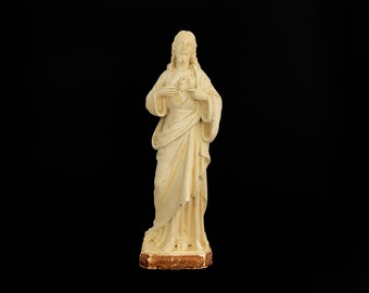 Vintage Jesus Sacred Heart statue in plaster. Signed Giscard Toulouse.