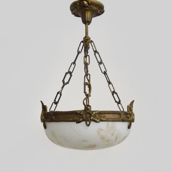 Magnifica lampada a sospensione a lavabo a 1 luce vintage in stile Liberty, in pasta di vetro bianca