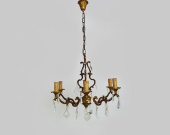 Magnificent 6-Light Bronze Cage Chandelier with Glass Drops.