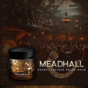 May include: A 2 ounce jar of beard balm with a black label and a scene of a mead hall with people inside. The label reads "Meadhall" and "Norse-Inspired Beard Balm".
