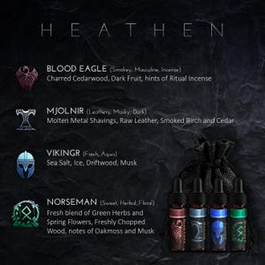 May include: Four small glass bottles with black caps and labels featuring Viking-inspired imagery. The bottles are arranged in a row and are contained within a black drawstring bag. The labels feature the names "Blood Eagle", "Mjolnir", "Vikingr", and "Norseman" with descriptions of each scent.