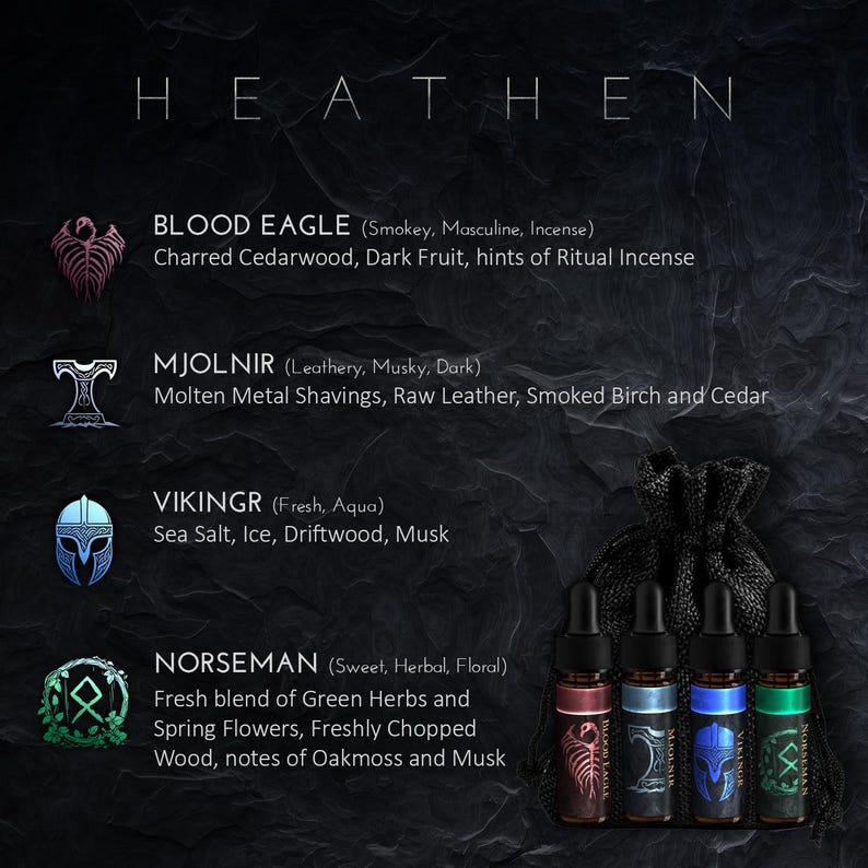 May include: Four small glass bottles with black caps and labels featuring Viking-inspired imagery. The bottles are arranged in a row and are contained within a black drawstring bag. The labels feature the names "Blood Eagle", "Mjolnir", "Vikingr", and "Norseman" with descriptions of each scent.